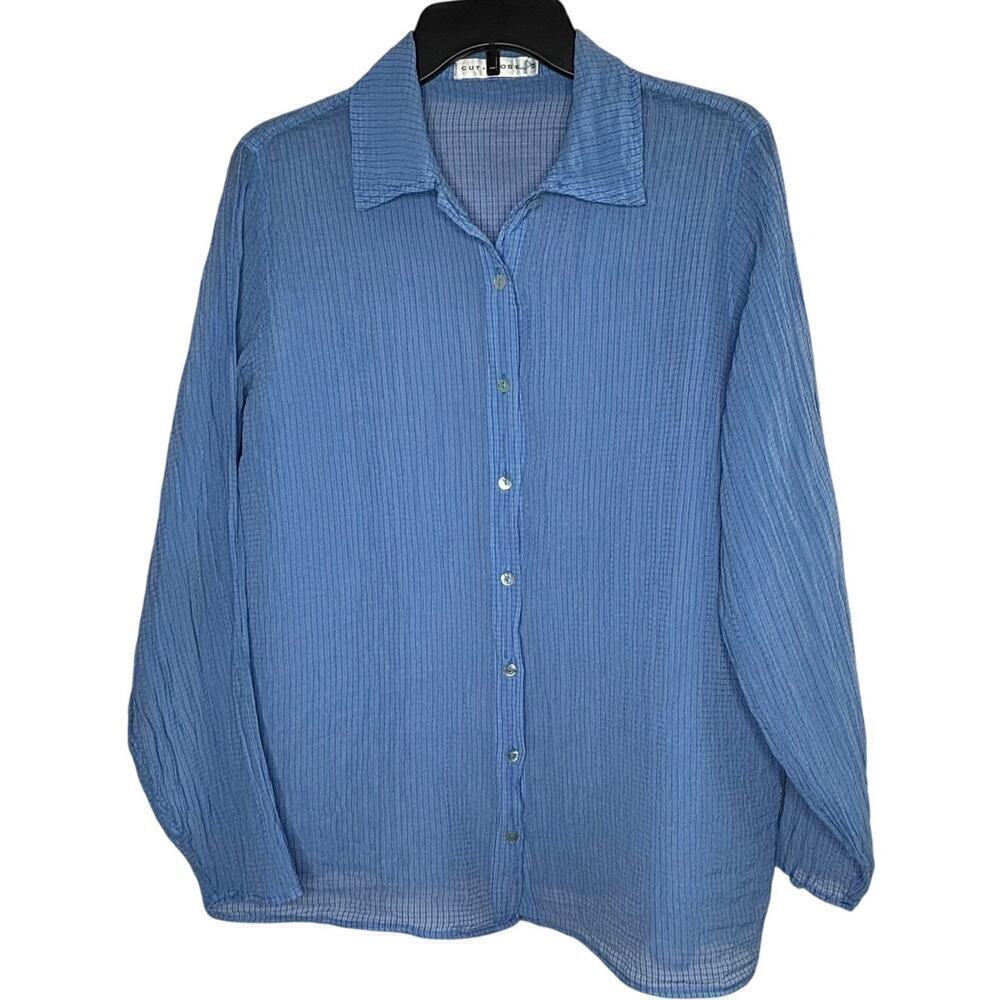 Cut Loose Semi Sheer Blue Crinkle Texture Button Up Long Sleeve Top Size Medium